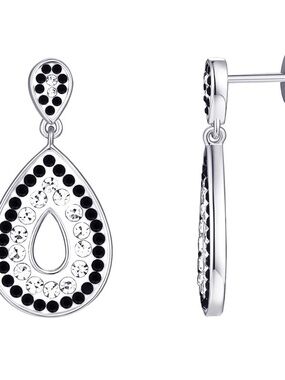 NEW Chrystina Genuine Crystal Teardrop Earrings 1” Dangle Drop Black And Silver